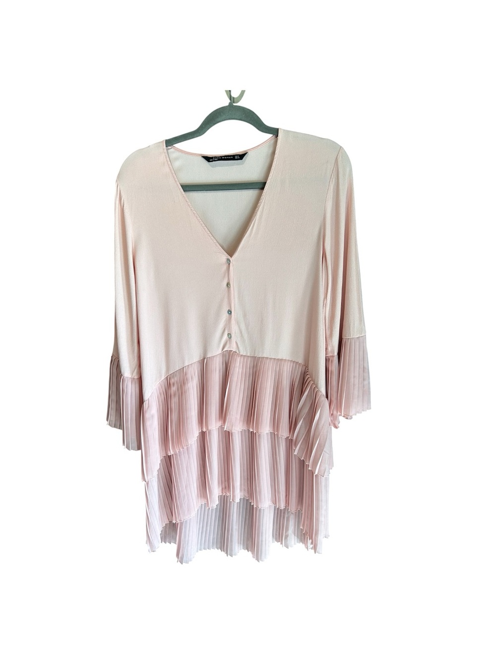 Zara Light Pink Pleated Tiered V-Neck Tunic